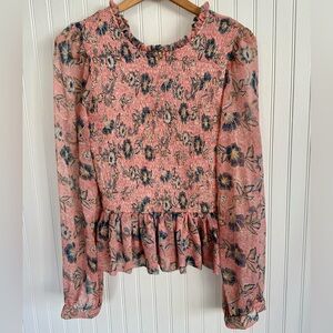 Patrons of Peace Pink Floral Smocked Blouse Size Medium